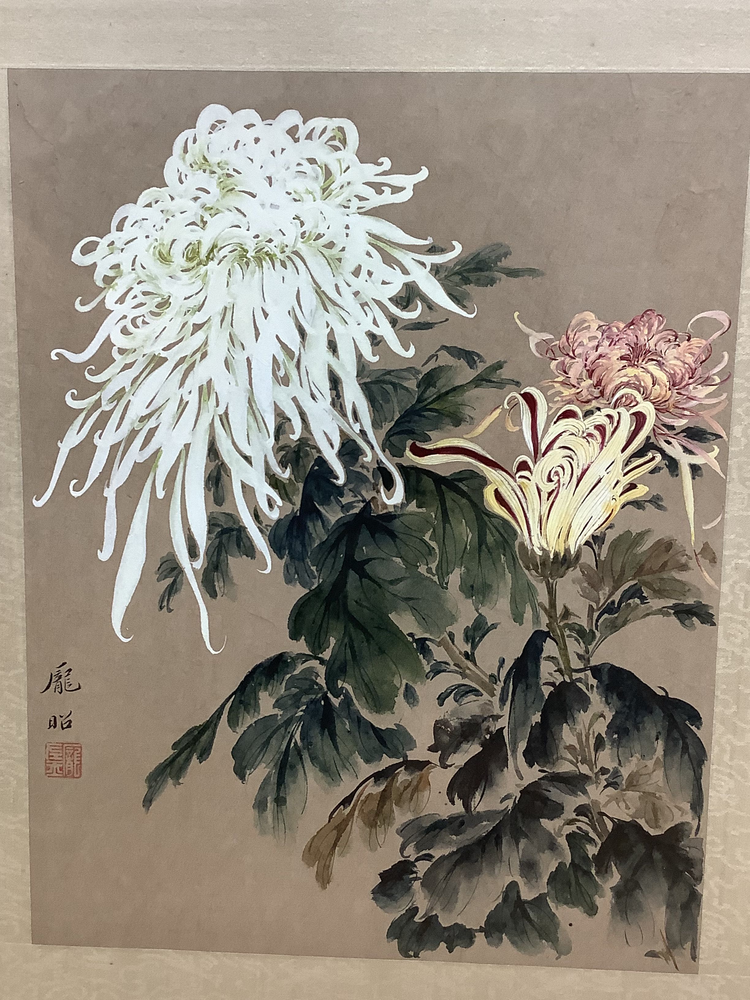 Three Chinese watercolour and gouache studies of flowers and leaves, 34 x 26cm